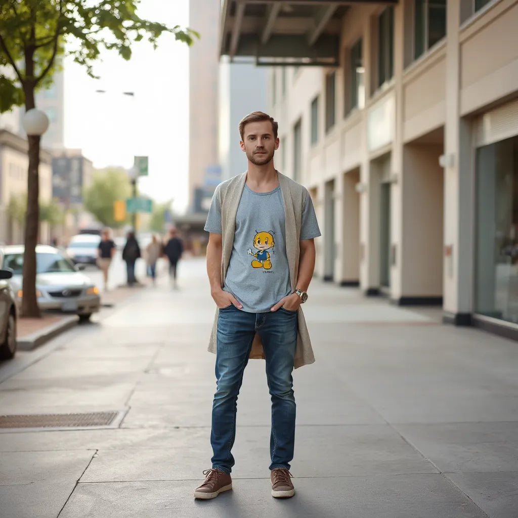 Person in casual outfit wearing a playful graphic t-shirt on a city sidewalk