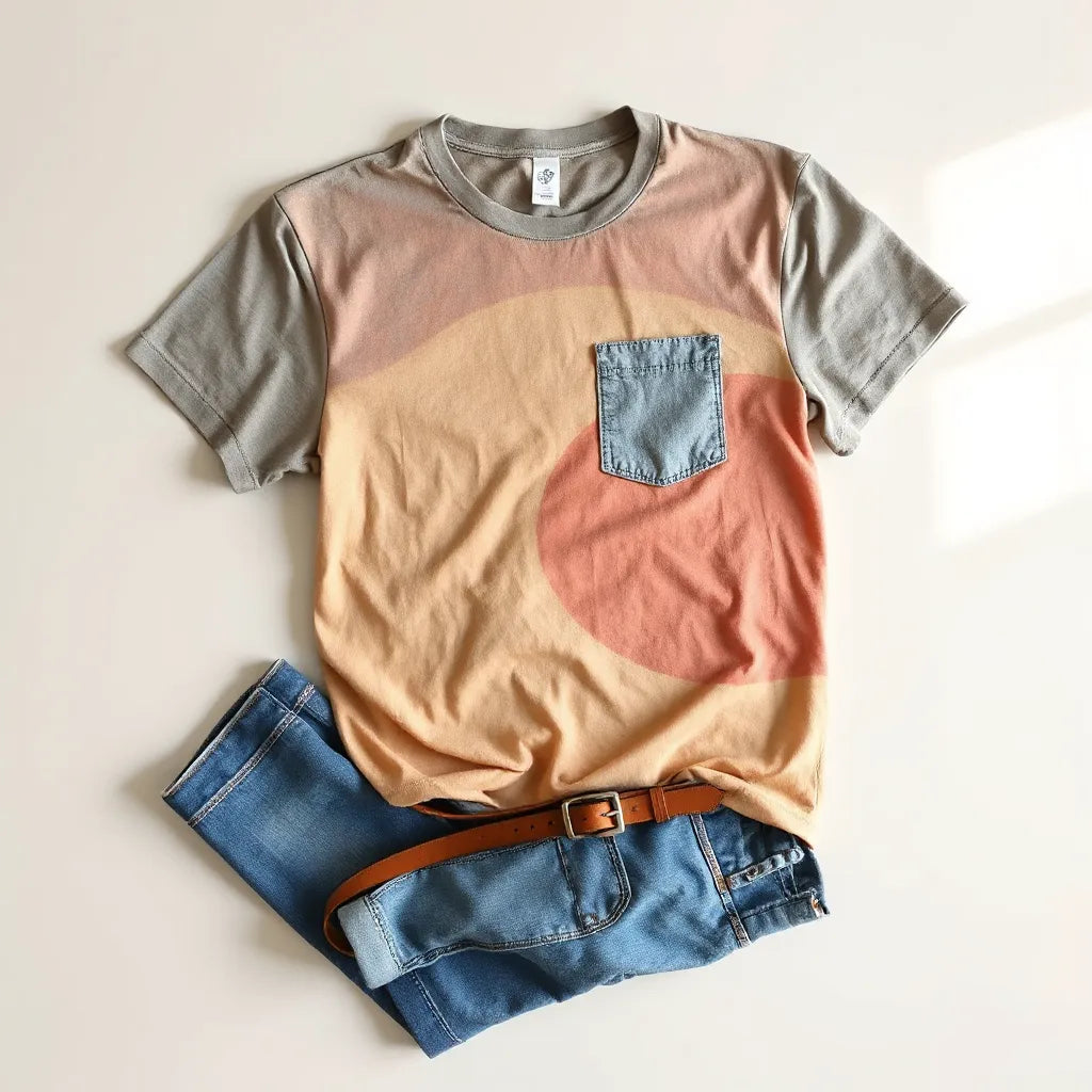 Faded color graphic tee with subtle distressed print styled with blue jeans on a neutral background