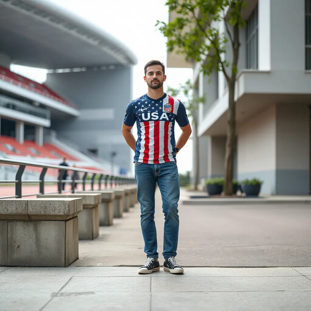 Person wearing a USMNT World Cup shirt with jeans and sneakers in an outdoor urban setting