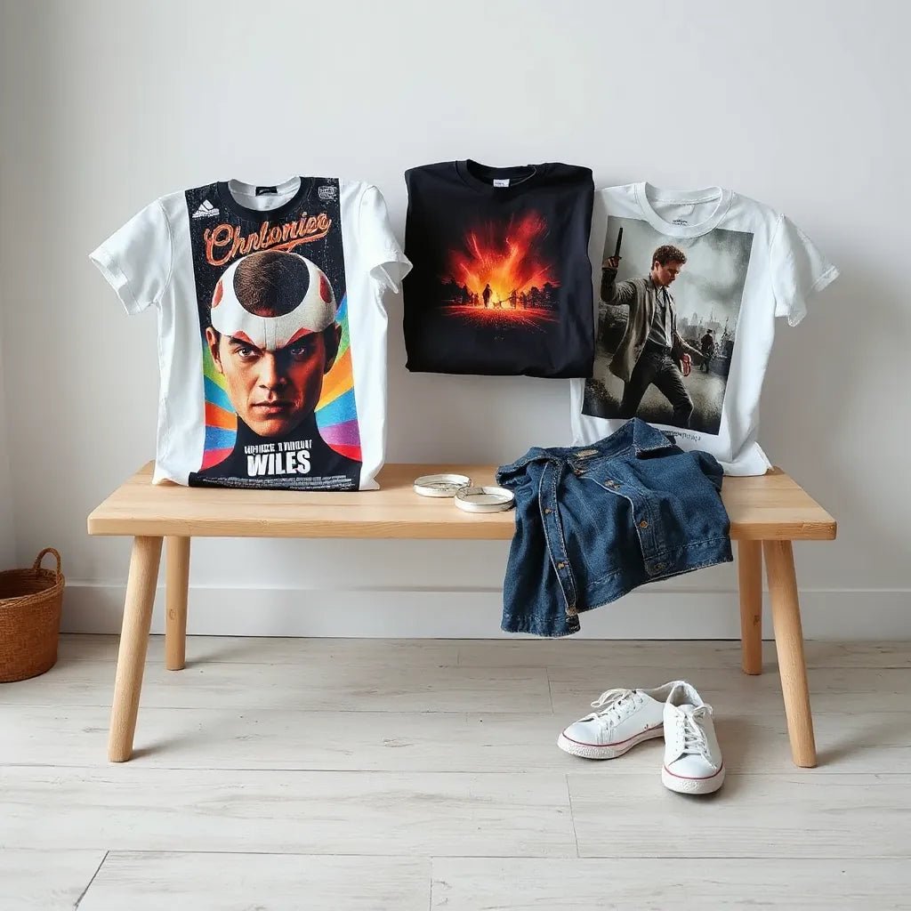 Folding movie poster t-shirts with a denim jacket and sneakers on a neutral bench