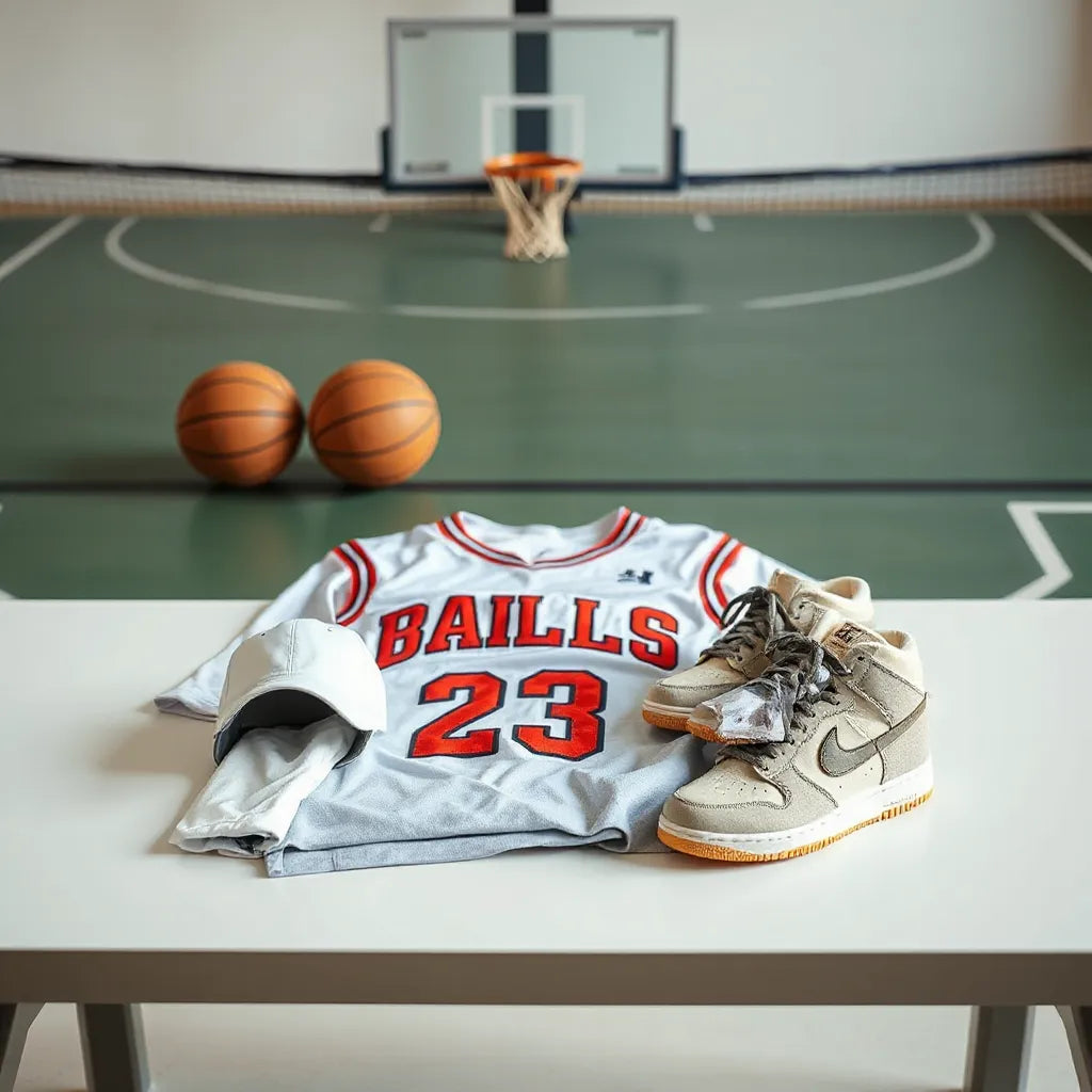 Basketball jersey, t-shirt, cap, and sneakers arranged on a table near a blurred court