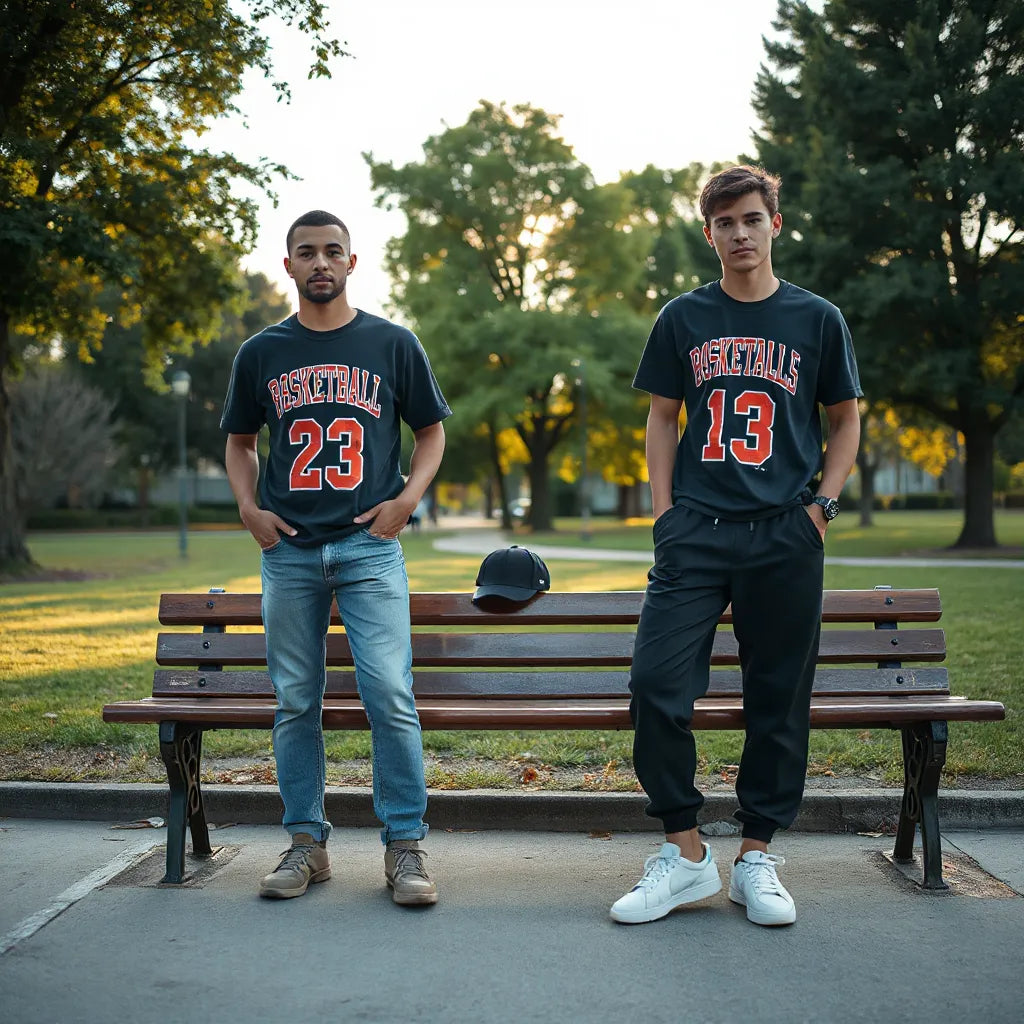 People wearing distressed basketball graphic tees with casual streetwear styling in a park setting