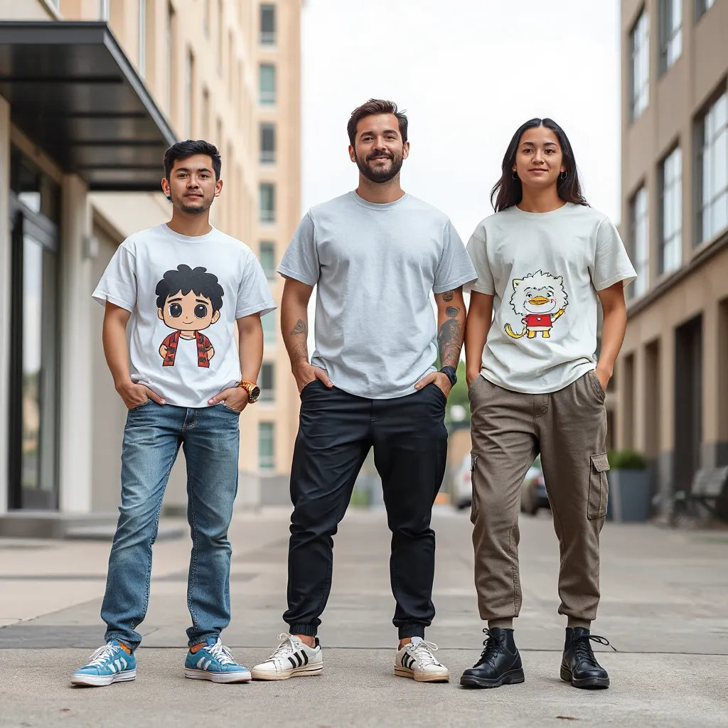 Friends in playful graphic tees with relaxed streetwear outfits outdoors under natural light.