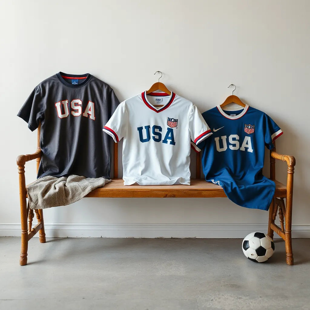 Vintage USA soccer jerseys in red, white, and blue displayed on a wooden bench with a soccer ball nearby