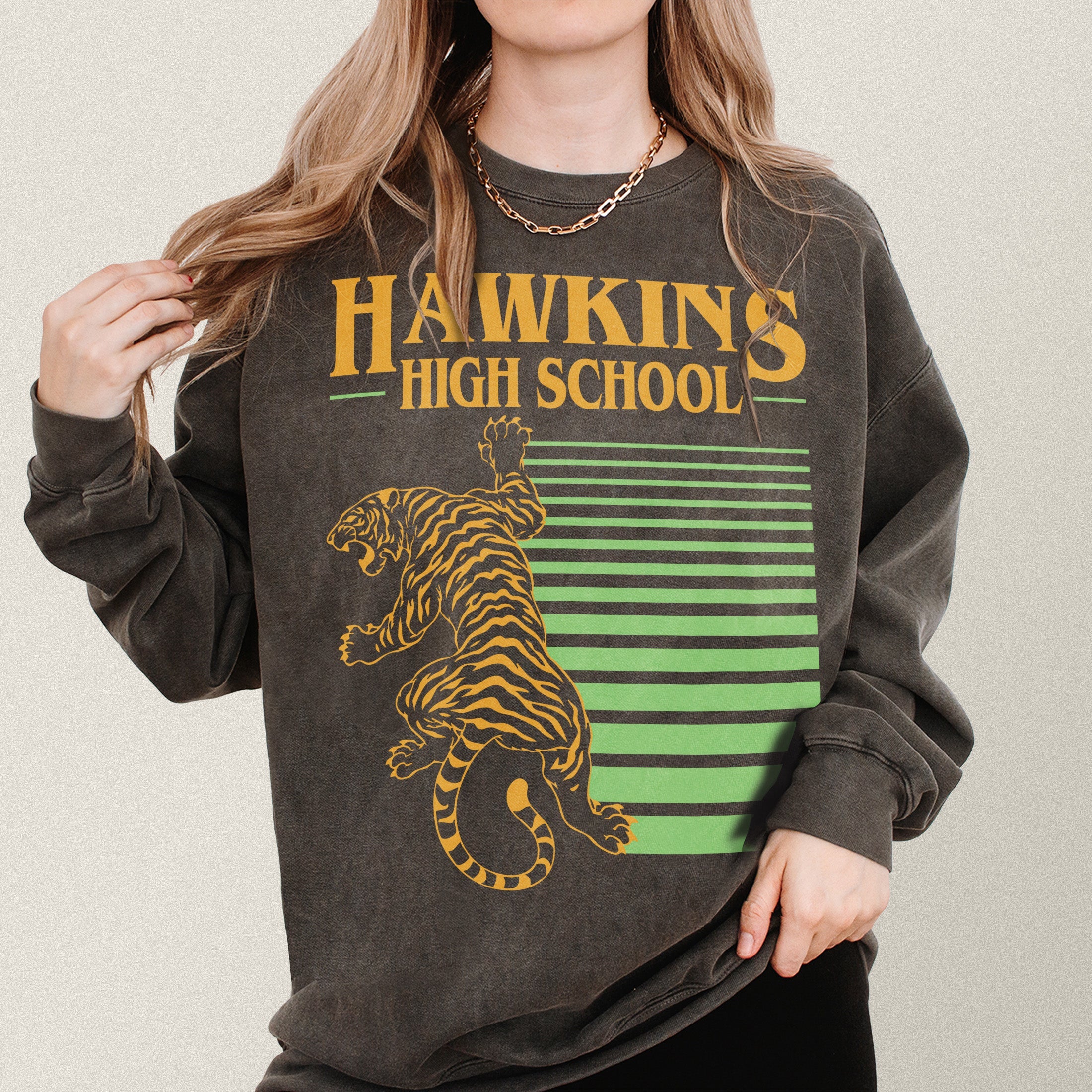 retro stranger things hawkins high school faded black comfort colors sweatshirt