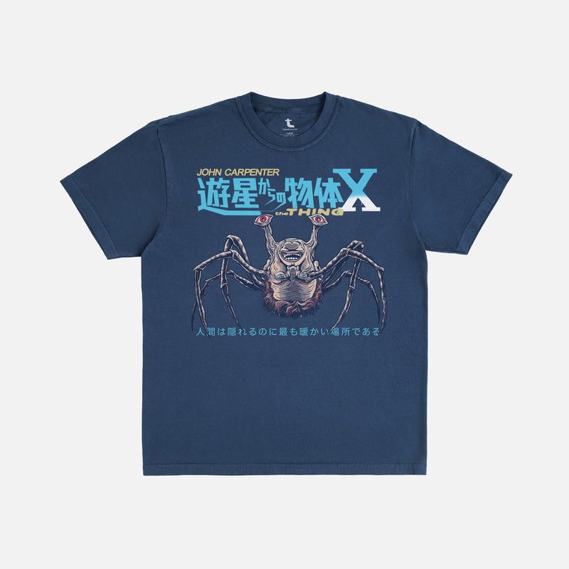 Navy John Carpenter's The Thing horror movie t-shirt on oversized unisex tee with norris spiderhead and japanese movie poster text for sale at Throwbacks