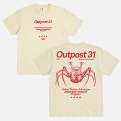 Vintage off white and red Outpost 31 Antarctica Research Program t-shirt, 1982 The THing horror movie comfort colors graphic tee for sale at Throwbacks