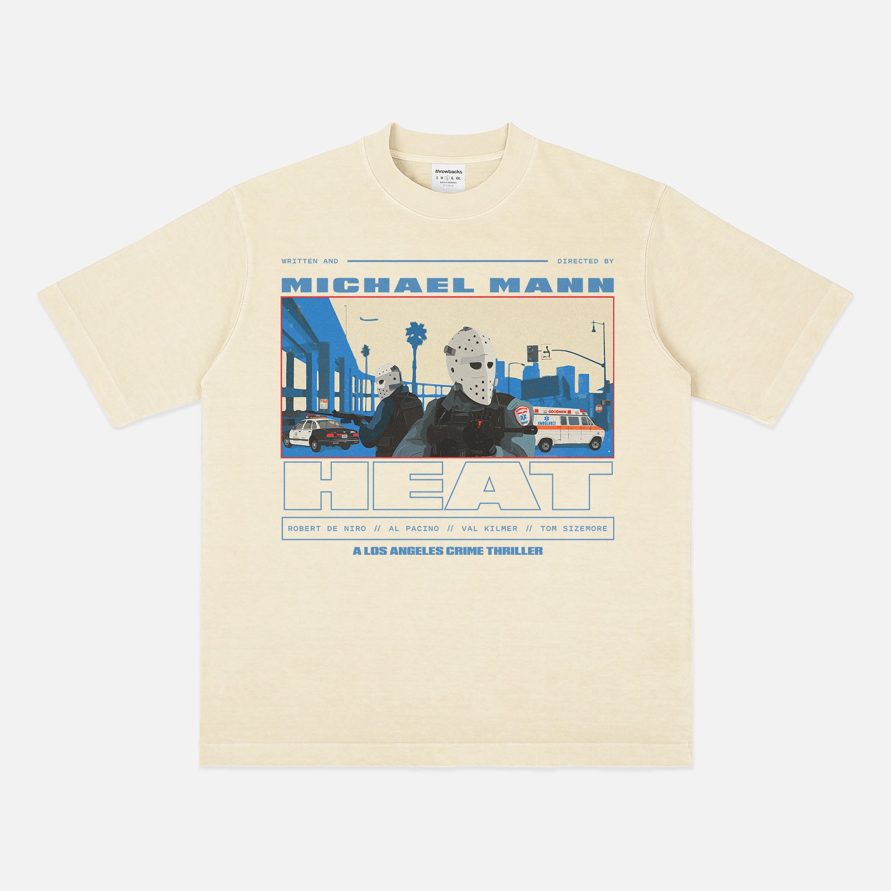 1995 Michael Mann Heat movie graphic tee shirt with armored car hockey mask scene illustration, retro vintage off white Heat movie shirt apparel