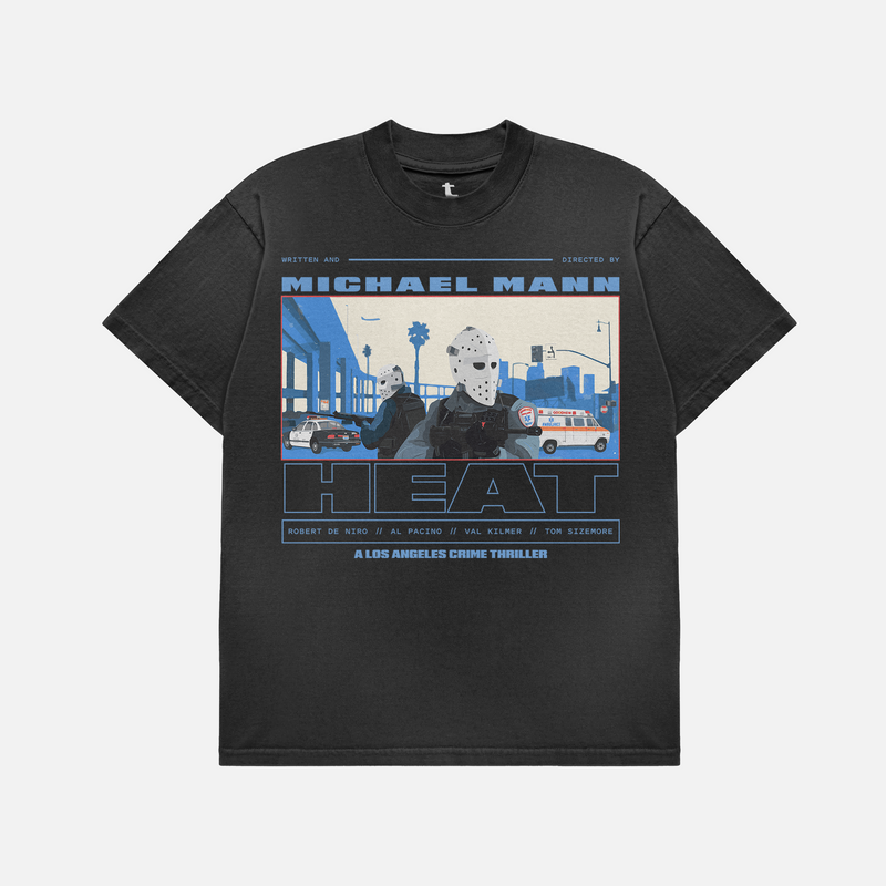 Heat Movie shirt streetwear graphic tee armored car bank robbery scene on faded black shirt, retro 1995 michael mann oversized graphic t-shirt