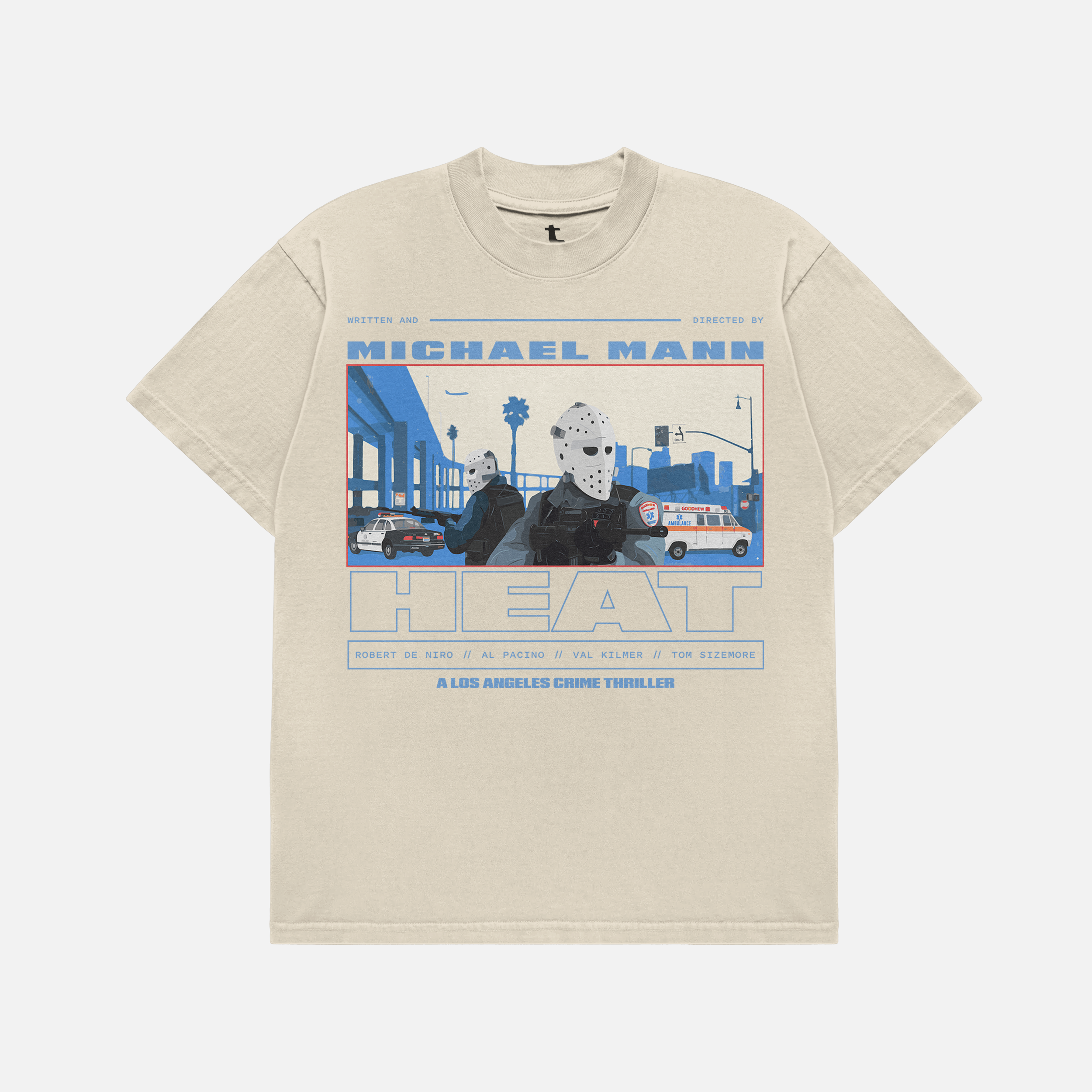 Beige Heat Movie shirt streetwear graphic tee armored car bank robbery scene on faded off white shirt, retro 1995 michael mann oversized graphic t-shirt