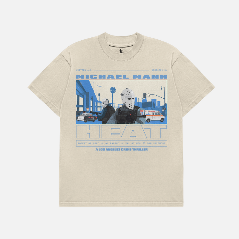 Beige Heat Movie shirt streetwear graphic tee armored car bank robbery scene on faded off white shirt, retro 1995 michael mann oversized graphic t-shirt