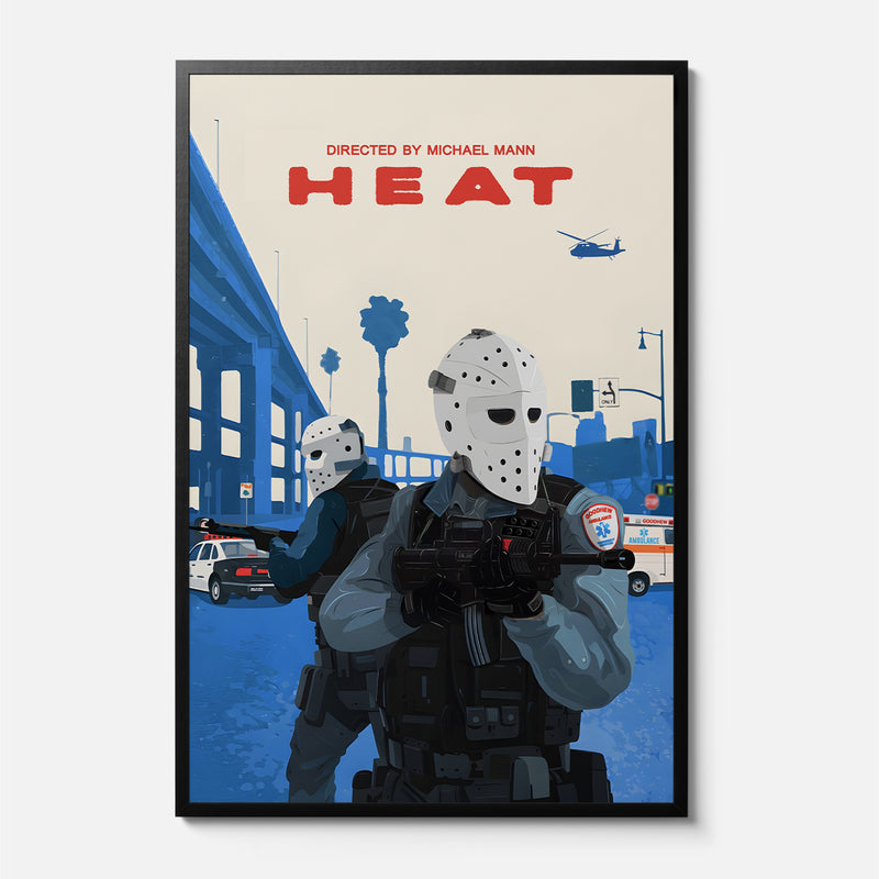1995 Heat Movie Poster, framed or unframed hockey mask armored truck robbery scene print for sale at Throwbacks