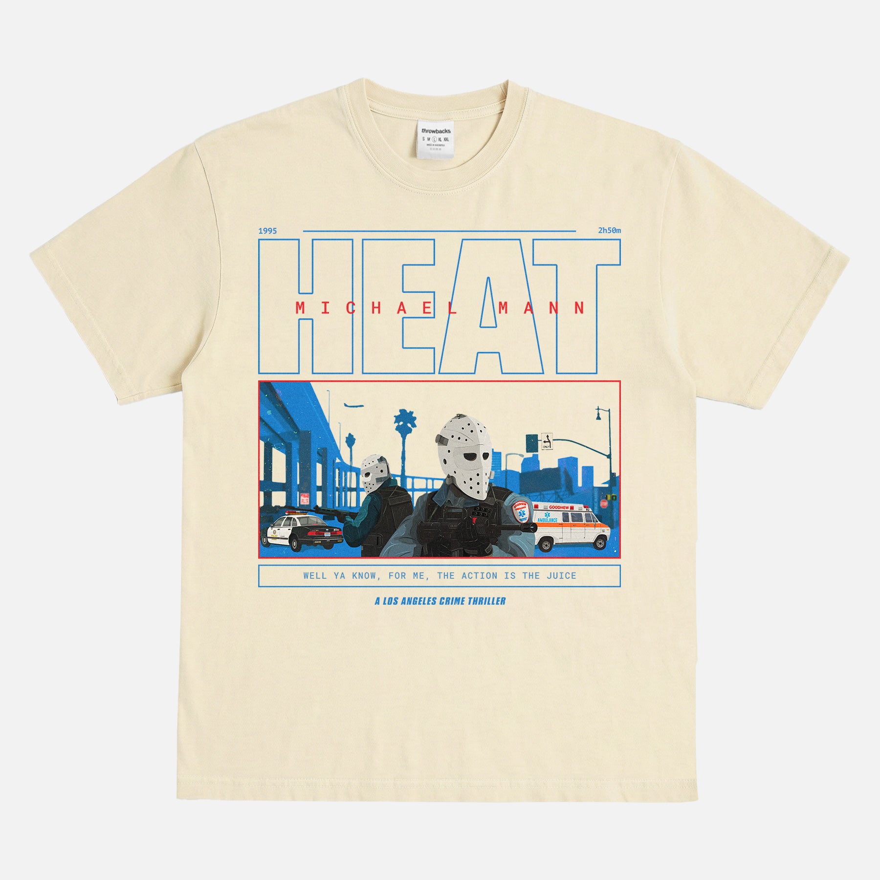 1995 Michael Mann Heat movie graphic tee shirt with armored car hockey mask scene illustration, faded off white Heat movie shirt apparel