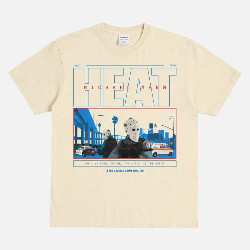 1995 Michael Mann Heat movie graphic tee shirt with armored car hockey mask scene illustration, faded off white Heat movie shirt apparel