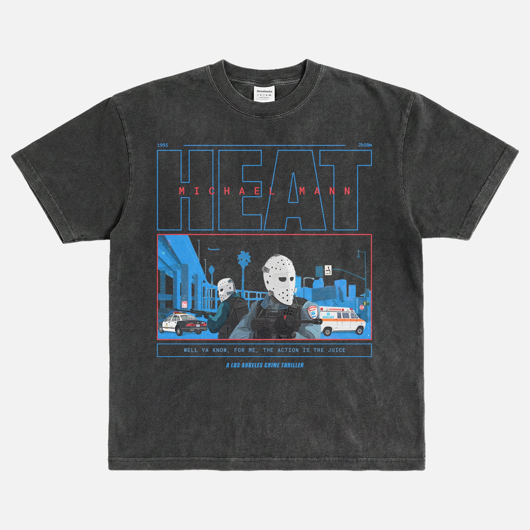 1995 Michael Mann Heat movie graphic tee shirt with armored car hockey mask scene illustration, faded washed black Heat movie shirt apparel
