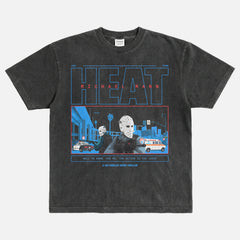 1995 Michael Mann Heat movie graphic tee shirt with armored car hockey mask scene illustration, faded washed black Heat movie shirt apparel
