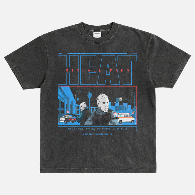 1995 Michael Mann Heat movie graphic tee shirt with armored car hockey mask scene illustration, faded washed black Heat movie shirt apparel