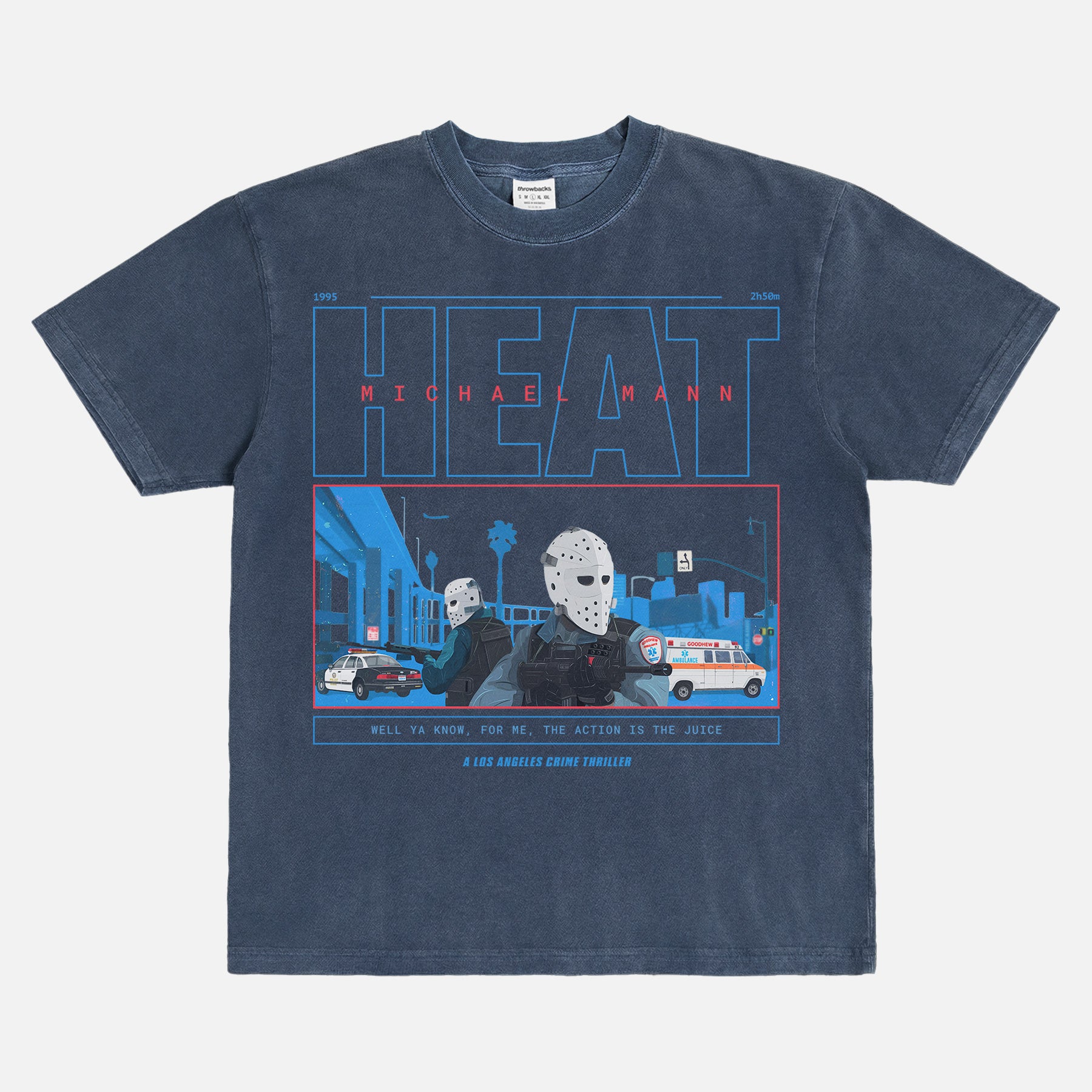 1995 Michael Mann Heat movie graphic tee shirt with armored car hockey mask scene illustration, faded washed navy Heat movie shirt apparel
