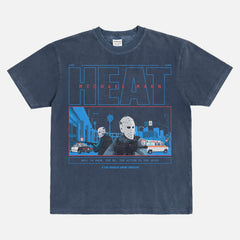 1995 Michael Mann Heat movie graphic tee shirt with armored car hockey mask scene illustration, faded washed navy Heat movie shirt apparel
