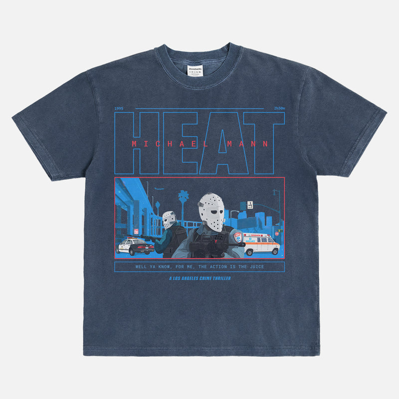 1995 Michael Mann Heat movie graphic tee shirt with armored car hockey mask scene illustration, faded washed navy Heat movie shirt apparel