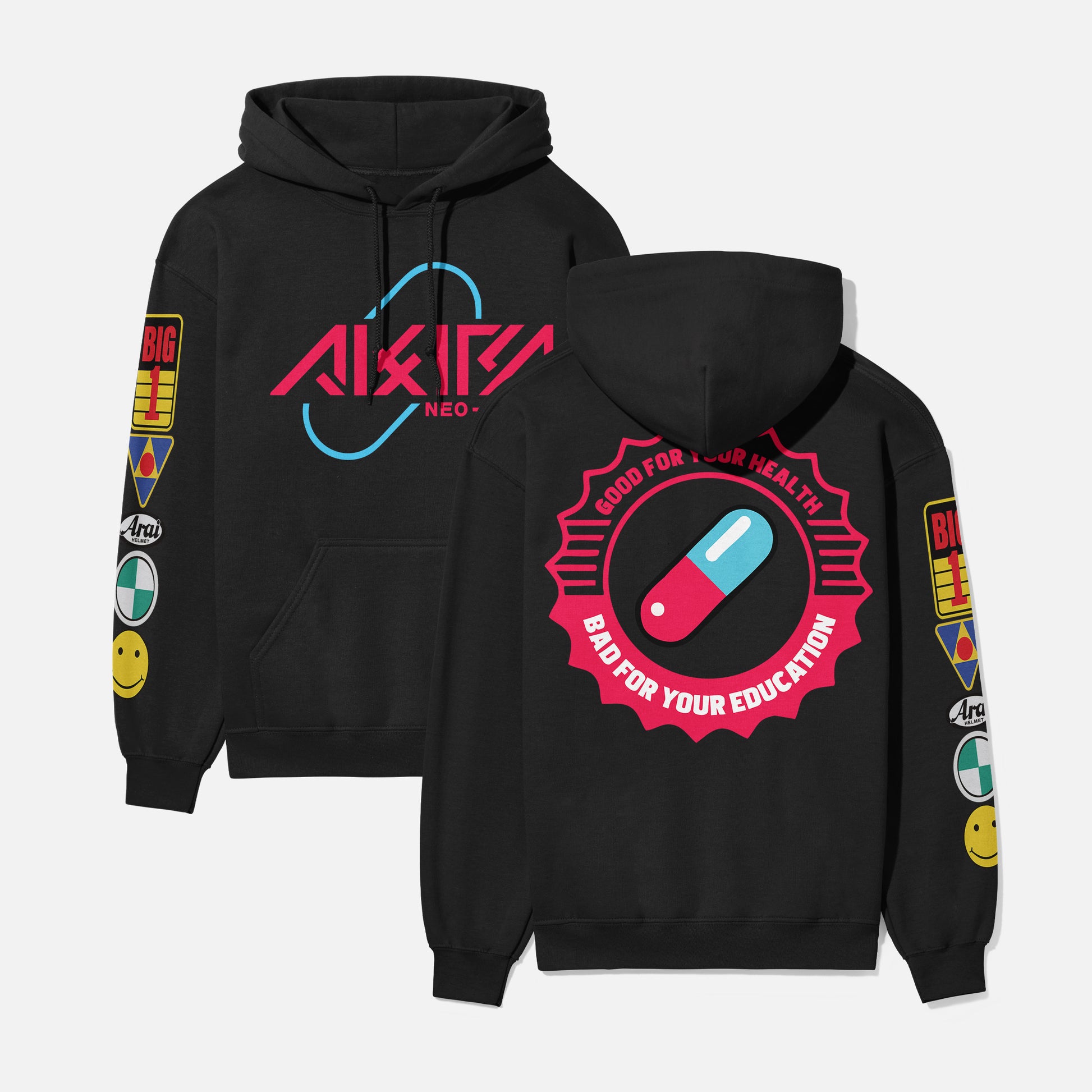 Akira streetwear style hoodie with front, back, and sleeve print on an oversized black hooded sweatshirt, Akira anime hoodie sweater with motorcycle stickers and pill