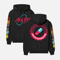 Akira streetwear style hoodie with front, back, and sleeve print on an oversized black hooded sweatshirt, Akira anime hoodie sweater with motorcycle stickers and pill