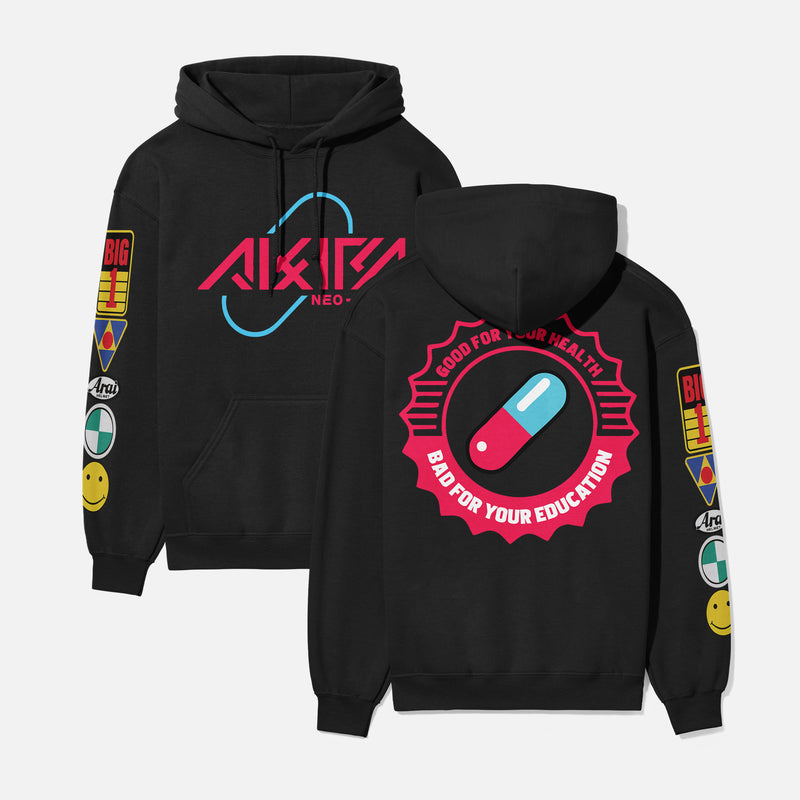 Akira streetwear style hoodie with front, back, and sleeve print on an oversized black hooded sweatshirt, Akira anime hoodie sweater with motorcycle stickers and pill