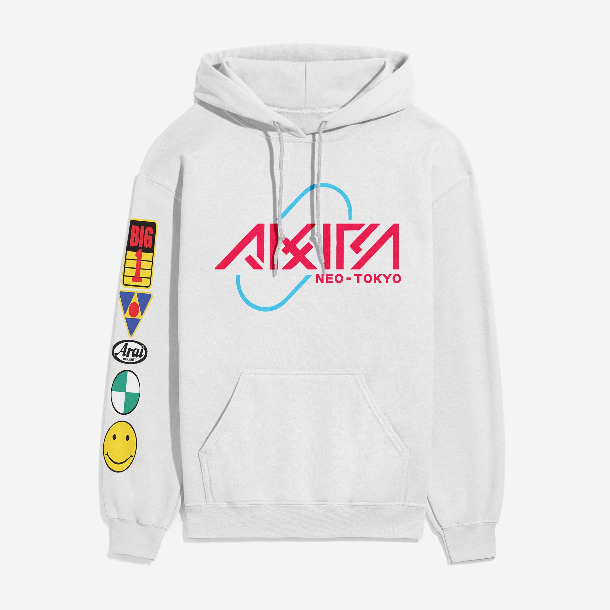 Retro white 80s Akira anime hooded sweatshirt with red and blue sleeve, front, and back print