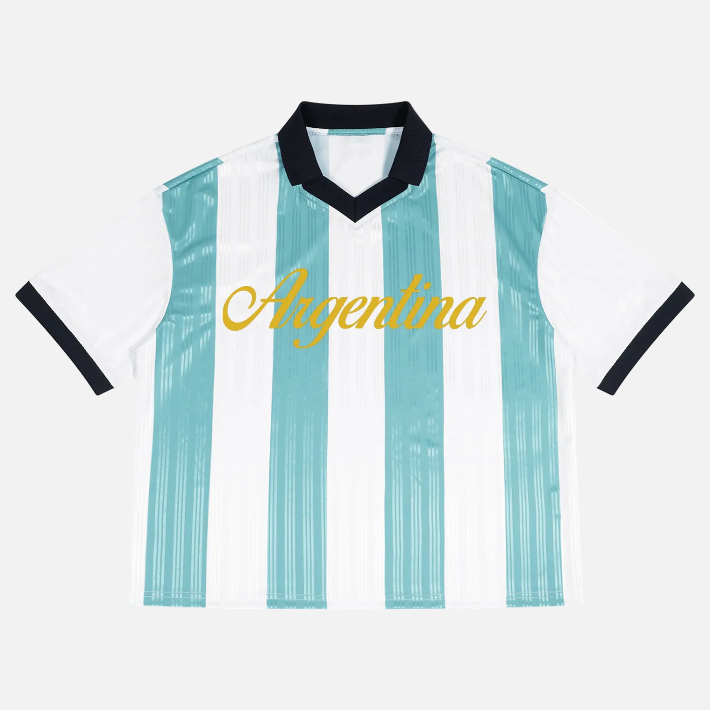A short-sleeve Argentina soccer jersey with vertical light blue and white stripes, a black V-neck collar, black sleeve trim, and 'Argentina' printed in gold script across the chest, shown on a plain white background.