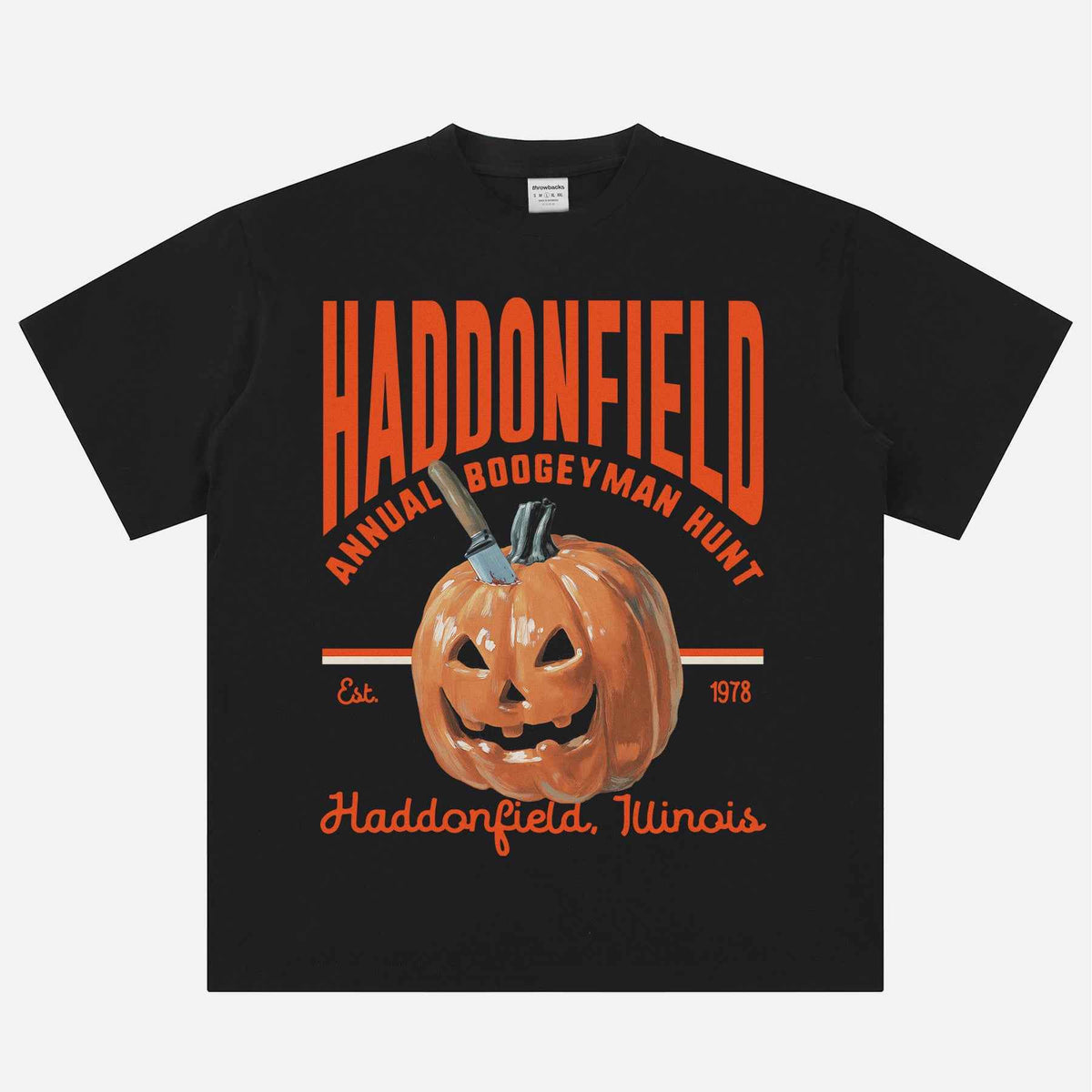 Halloween John Carpenter Horror movie t-shirt with HAddonfield Boogeyman Hunt pumpkin graphic on a premium black graphic tee