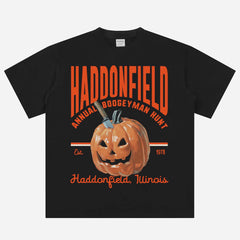 Halloween John Carpenter Horror movie t-shirt with HAddonfield Boogeyman Hunt pumpkin graphic on a premium black graphic tee