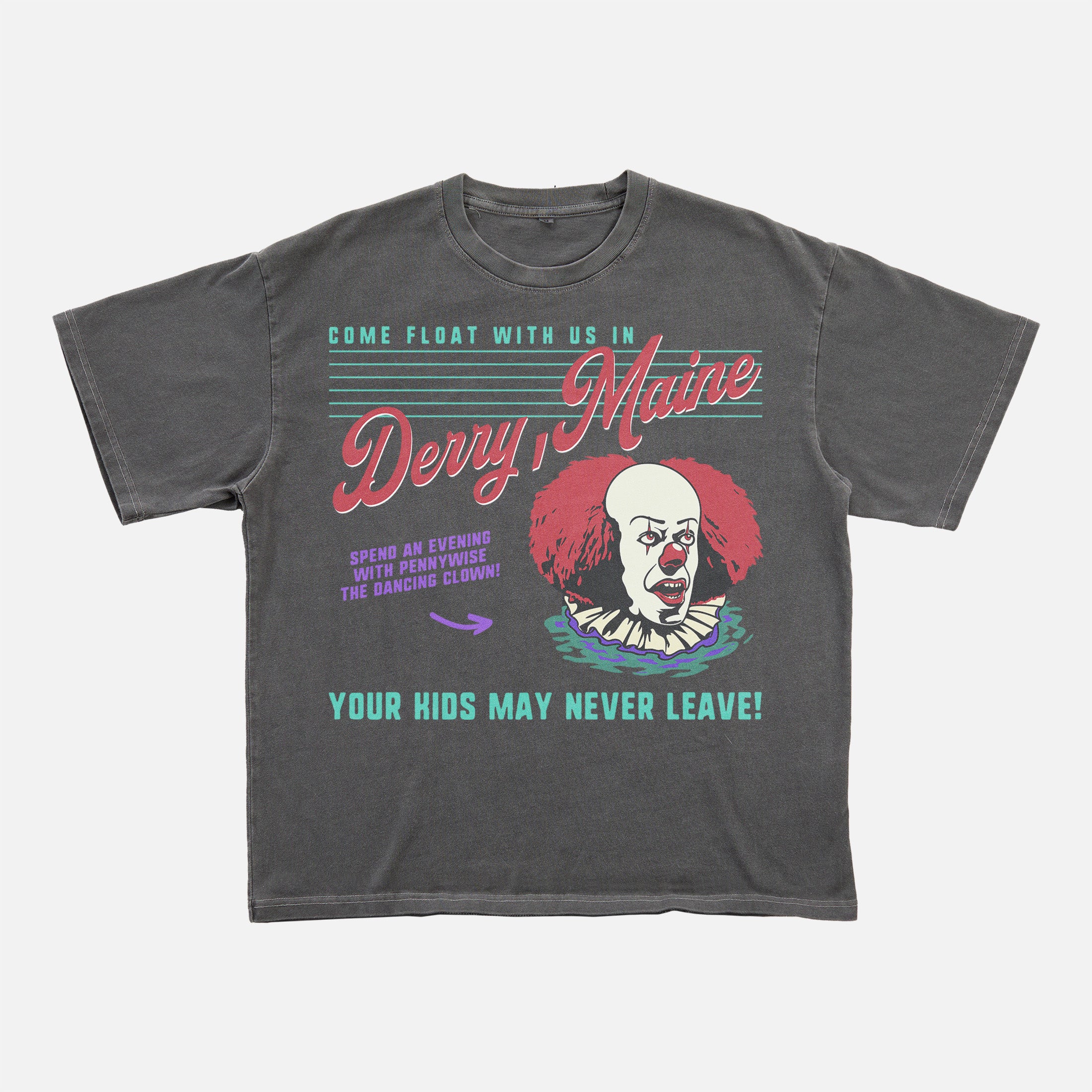 Original IT movie 1990 t-shirt with retro 90s pennywise the dancing clown on washed black unisex t-shirt, Derry Maine horror movie graphic tee for men and women