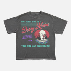 Original IT movie 1990 t-shirt with retro 90s pennywise the dancing clown on washed black unisex t-shirt, Derry Maine horror movie graphic tee for men and women