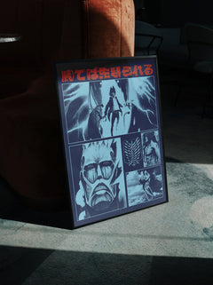 Framed Attack on Titan Anime poster, extra large manga series wall art print with grunge scene art colossal titans, and japanese tv series poster text