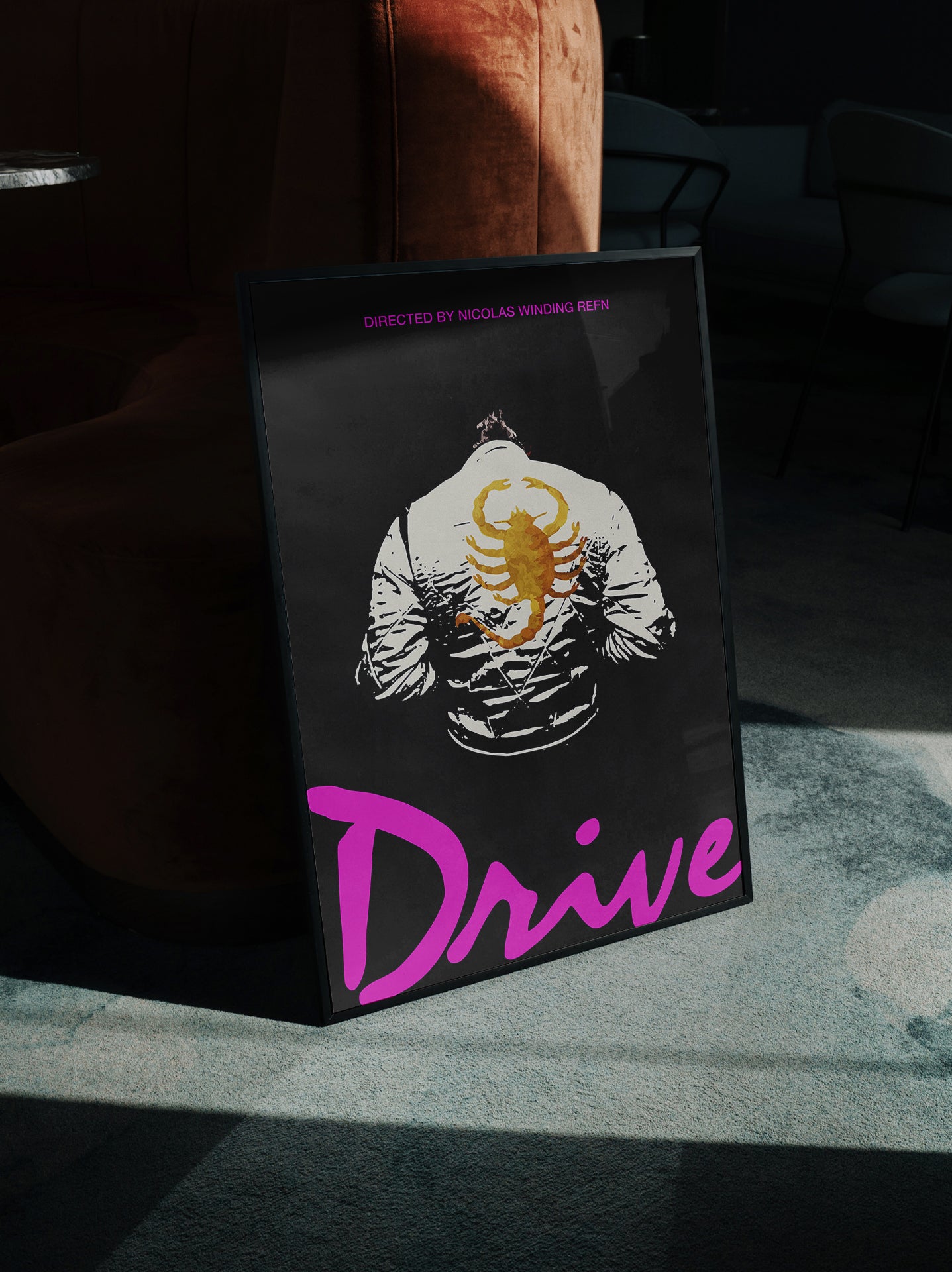 Drive 2011 Movie Poster, Minimal framed film print with The Driver scorpion jacket and neon pink movie poster text