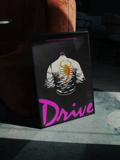 Drive 2011 Movie Poster, Minimal framed film print with The Driver scorpion jacket and neon pink movie poster text