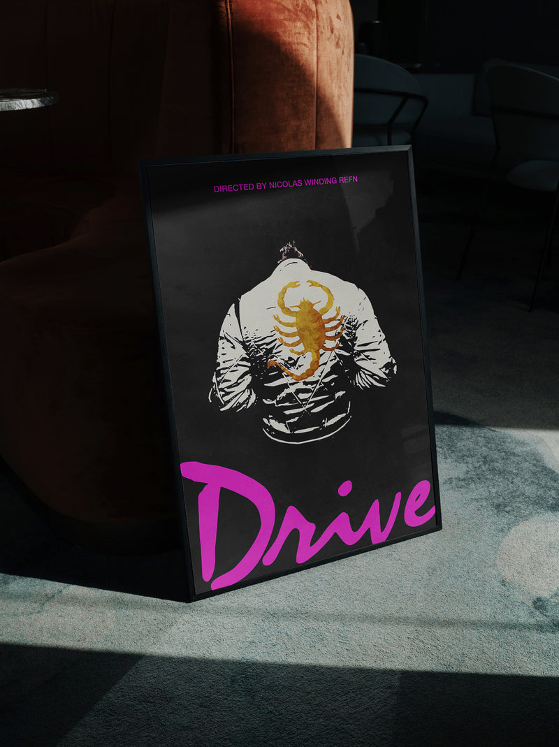 Drive 2011 Movie Poster, Minimal framed film print with The Driver scorpion jacket and neon pink movie poster text