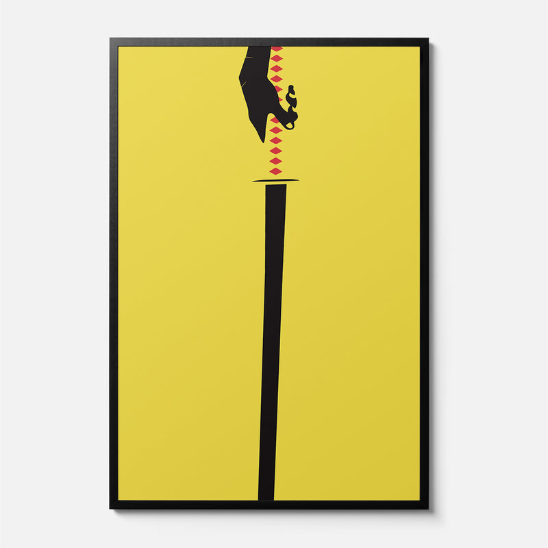 Minimal black and yellow Kill Bill movie poster for Quentin Tarantino Fans, for sale at Throwbacks framed or unframed movie poster prints