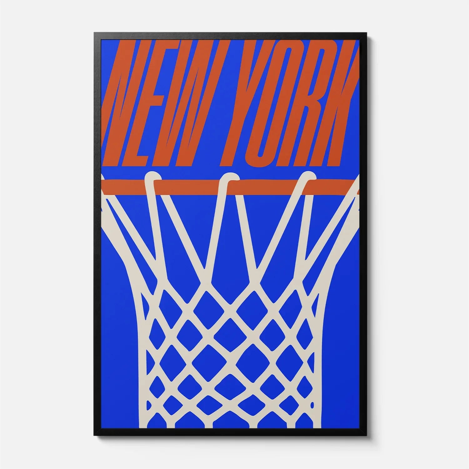 New York Knicks Minimal Basketball Poster, Urban Streetwear Style NY Knicks ball hoop wall art print framed or unframed for sale at Throwbacks