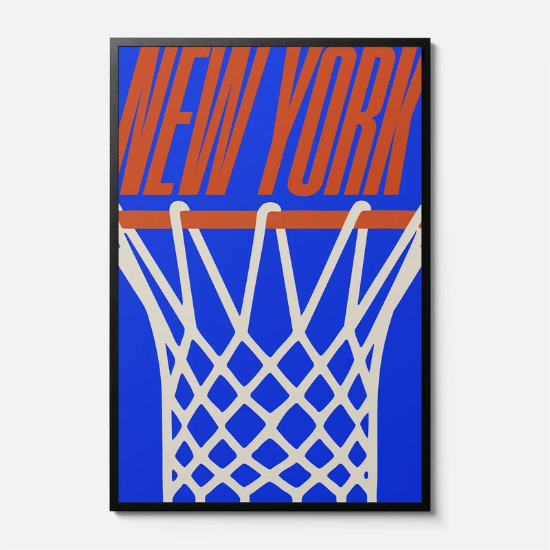 New York Knicks Minimal Basketball Poster, Urban Streetwear Style NY Knicks ball hoop wall art print framed or unframed for sale at Throwbacks