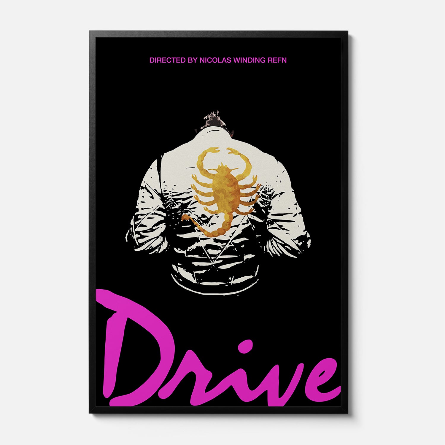 Drive 2011 Movie Poster, Minimal framed film print with The Driver scorpion jacket and neon pink movie poster text