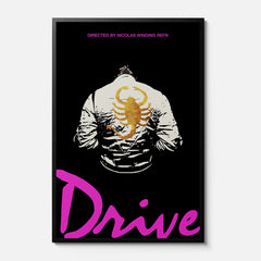 Drive 2011 Movie Poster, Minimal framed film print with The Driver scorpion jacket and neon pink movie poster text