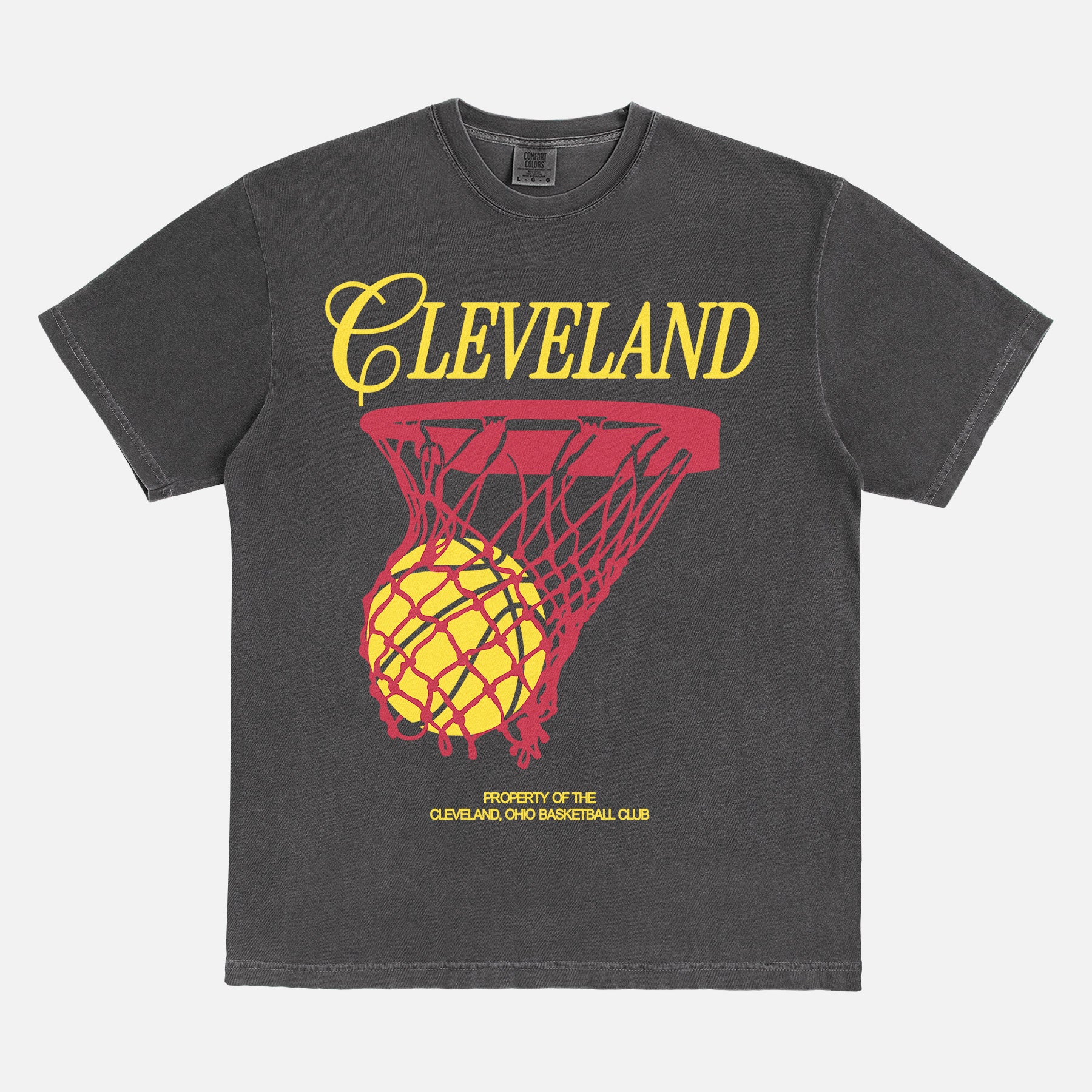 Washed black Cleveland Cavaliers basketball streetwear t-shirt with red and yellow jersey script text and basketball hoop on a unisex comfort colors graphic tee