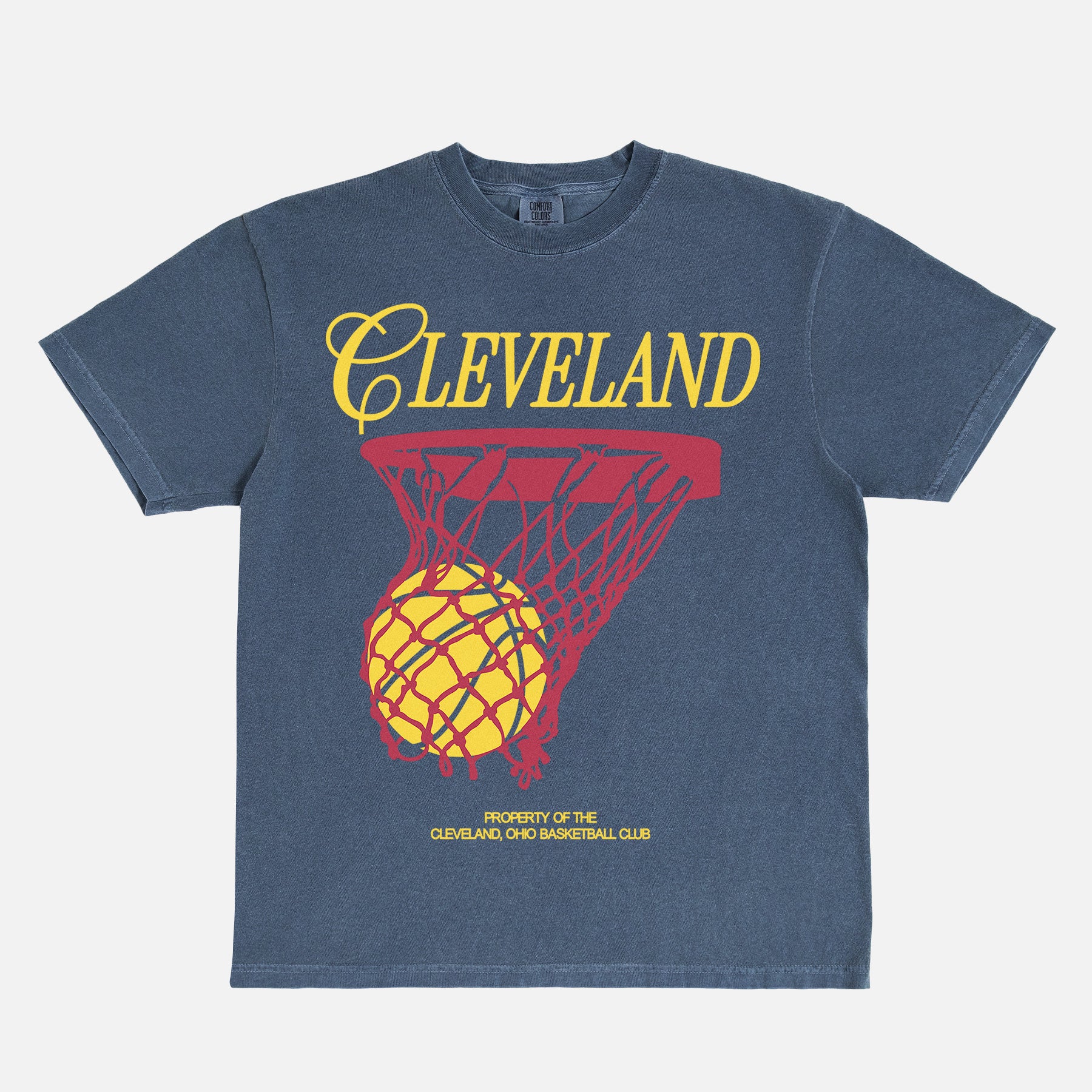Washed navy Cleveland Cavaliers basketball streetwear t-shirt with red and yellow jersey script text and basketball hoop on a unisex comfort colors graphic tee