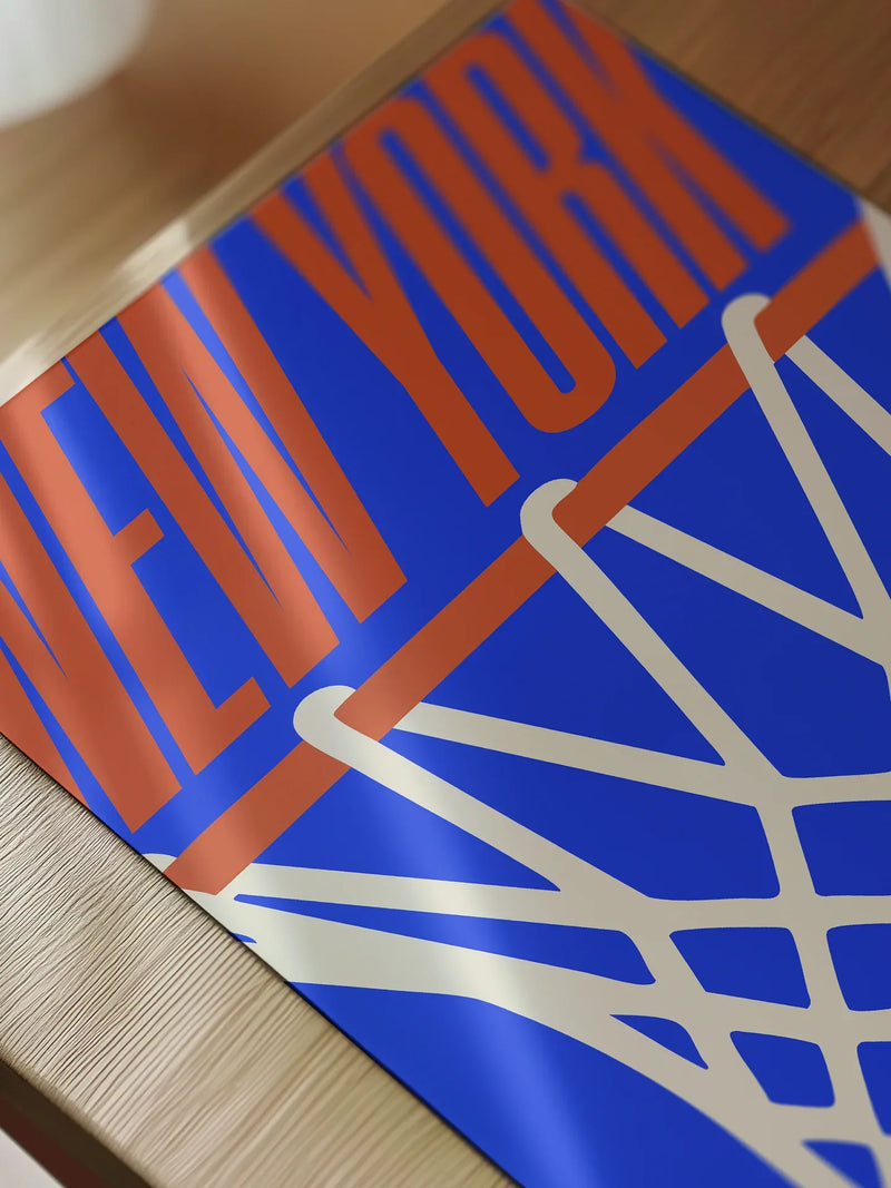 New York Knicks Minimal Basketball Poster, Urban Streetwear Style NY Knicks ball hoop wall art print framed or unframed for sale at Throwbacks