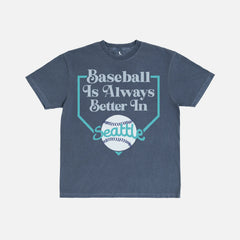 Retro Seattle Mariners baseball graphic tee on distressed navy t-shirt  with teal and silver design for men and women