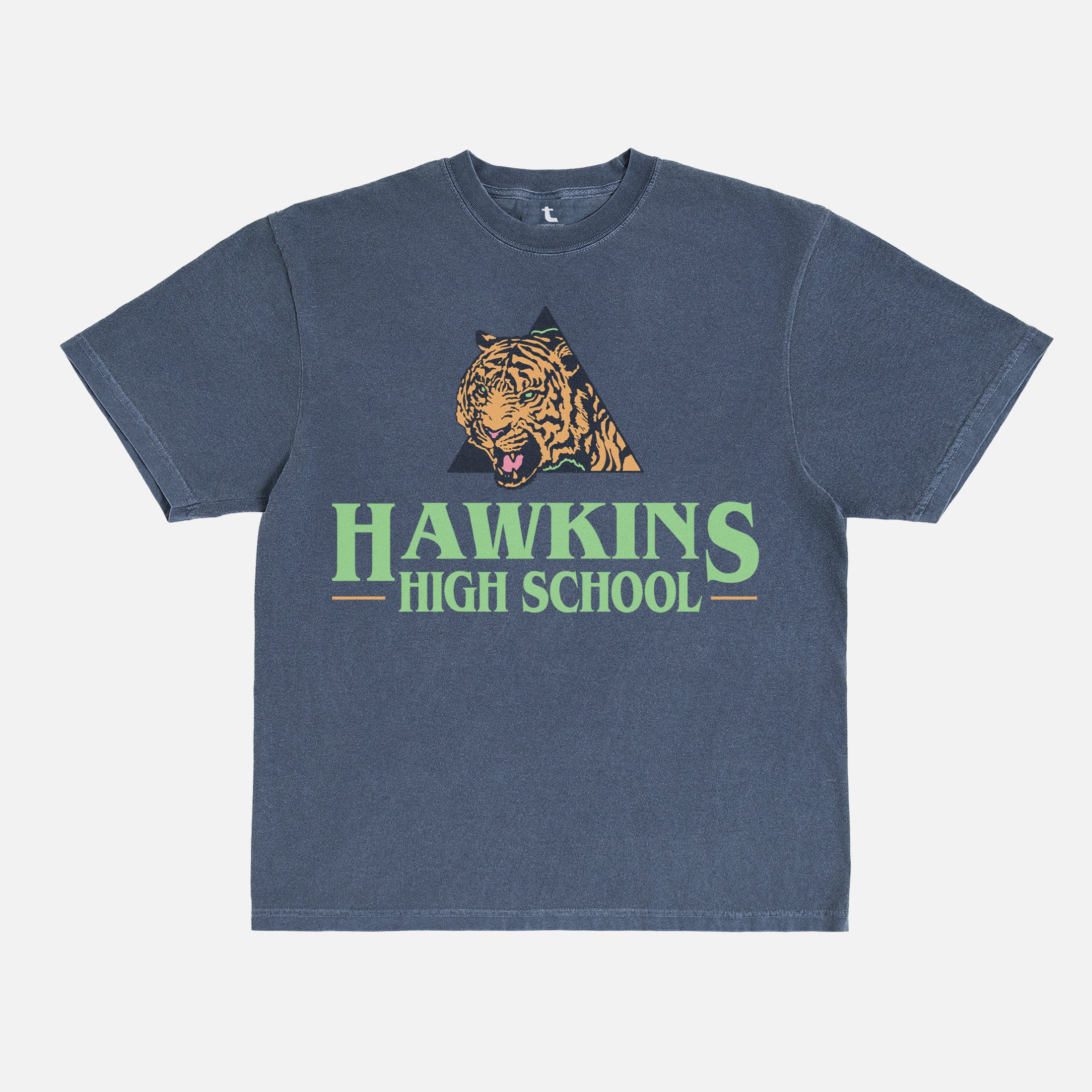 Retro Stranger Things Hawkins High School Tigers athletics graphic tee shirt, vintage faded distressed navy TV show t-shirt for men and women for sale at Throwbacks