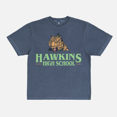 Retro Stranger Things Hawkins High School Tigers athletics graphic tee shirt, vintage faded distressed navy TV show t-shirt for men and women for sale at Throwbacks