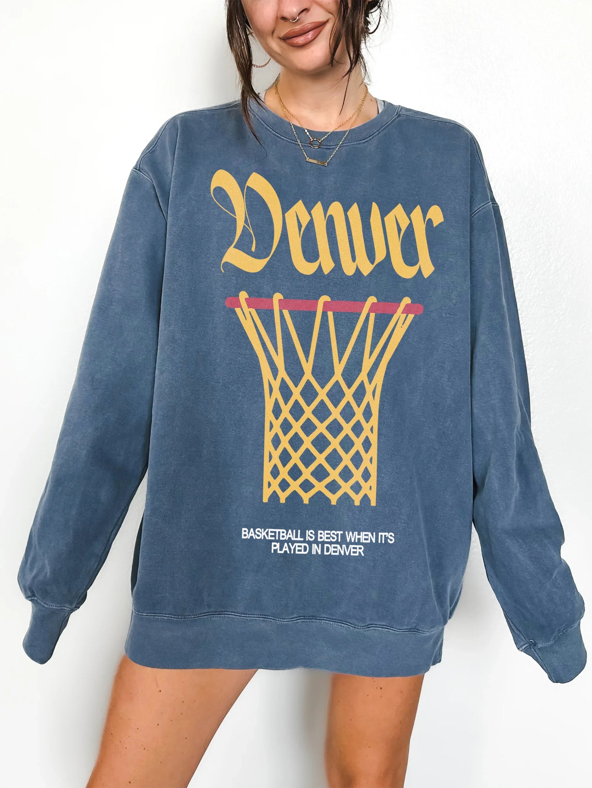 Cute Washed navy and yellow Comfort Colors Denver Nuggets basketball streetwear crewneck sweatshirt