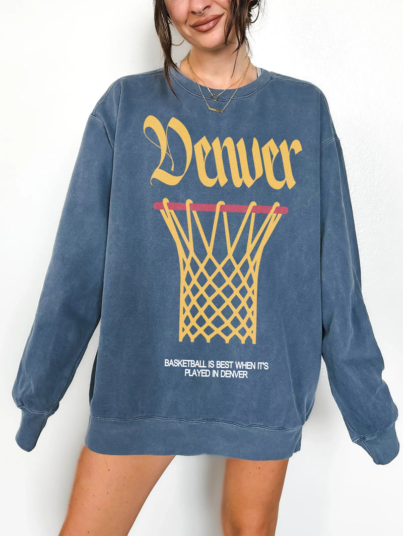 Cute Washed navy and yellow Comfort Colors Denver Nuggets basketball streetwear crewneck sweatshirt